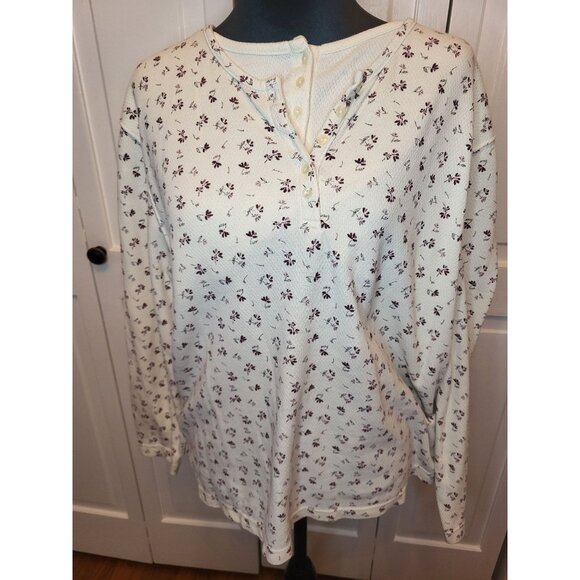 Vintage 90s/Y2K Ivory Burgundy Floral Layered Look Waffle Knit Henley XL Cottage - Picture 4 of 7